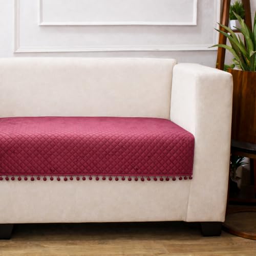 STITCHNEST 4 Seater Quilted Velvet Sofa Cover with Pom Pom | Elegant Peach Sofa Protector for Living Room | Soft, Washable | Perfect for Enhancing Living Room Interiors - Image 3