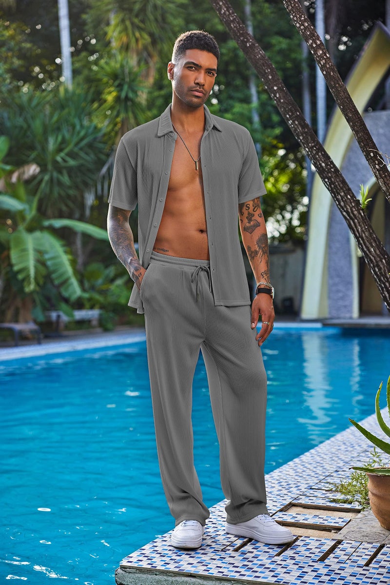 COOFANDY Men Summer Suit Short Sleeve Casual Stylish Button Down Shirt Pants Set - Image 4