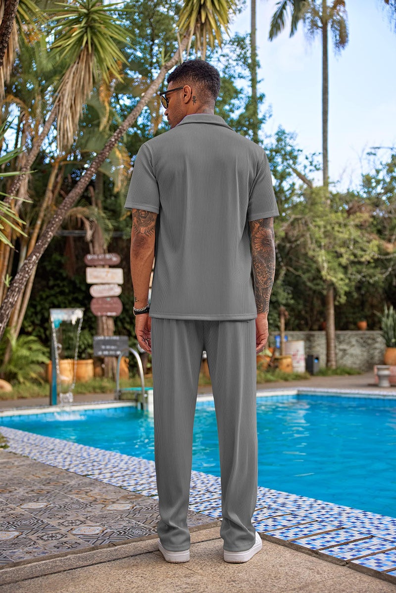 COOFANDY Men Summer Suit Short Sleeve Casual Stylish Button Down Shirt Pants Set - Image 5