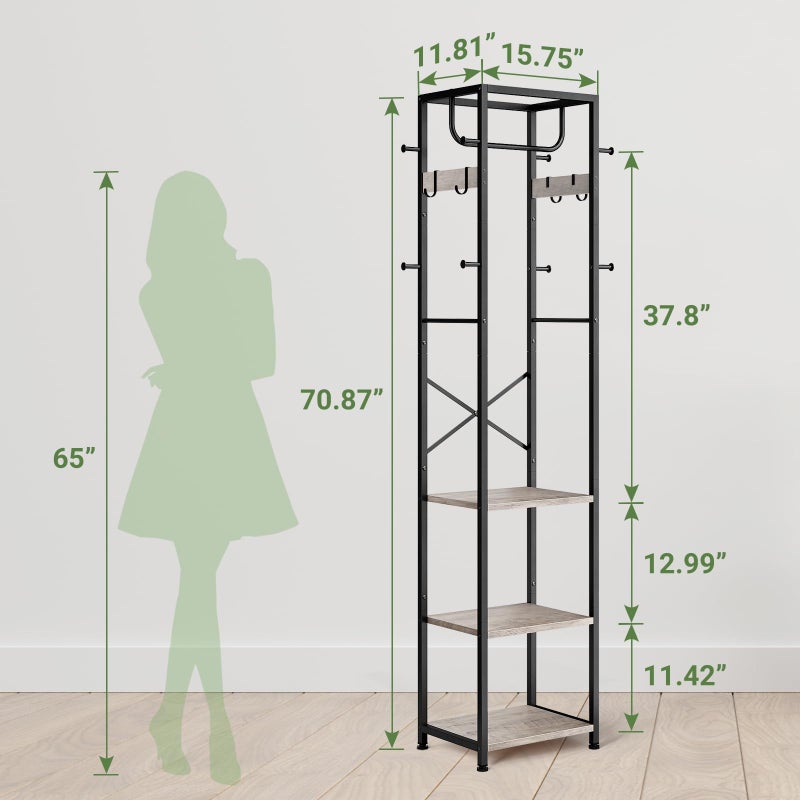ELYKEN Coat Rack Freestanding, Hall Tree with 3 Storage Shelves and 12 Hooks, Industrial Clothes Rack Stand Organizer for Bedroom, Hallway, Entryway, Office, Living Room, Greige - Image 3