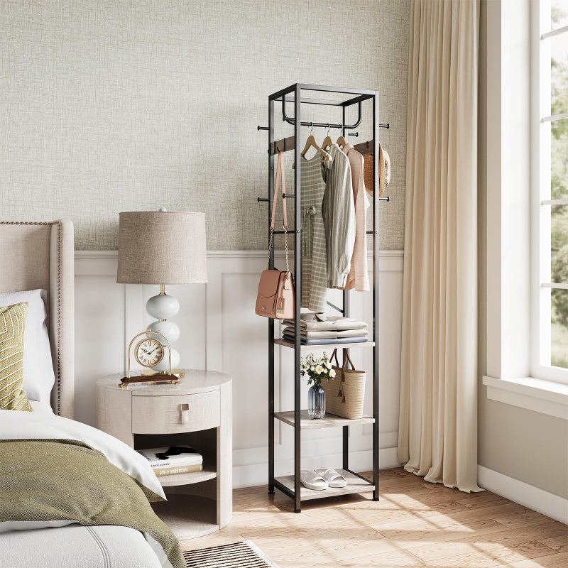 ELYKEN Coat Rack Freestanding, Hall Tree with 3 Storage Shelves and 12 Hooks, Industrial Clothes Rack Stand Organizer for Bedroom, Hallway, Entryway, Office, Living Room, Greige - Image 5