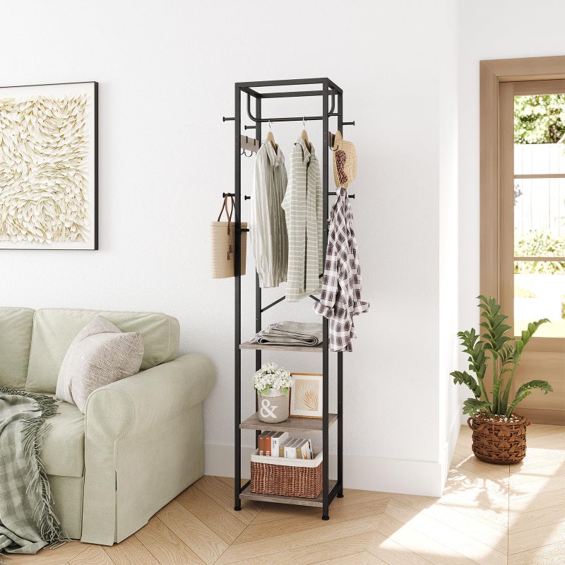 ELYKEN Coat Rack Freestanding, Hall Tree with 3 Storage Shelves and 12 Hooks, Industrial Clothes Rack Stand Organizer for Bedroom, Hallway, Entryway, Office, Living Room, Greige - Image 2