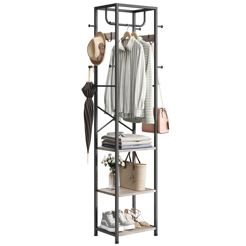 ELYKEN Coat Rack Freestanding, Hall Tree with 3 Storage Shelves and 12 Hooks, Industrial Clothes Rack Stand Organizer for Bedroom, Hallway, Entryway, Office, Living Room, Greige - Image 1