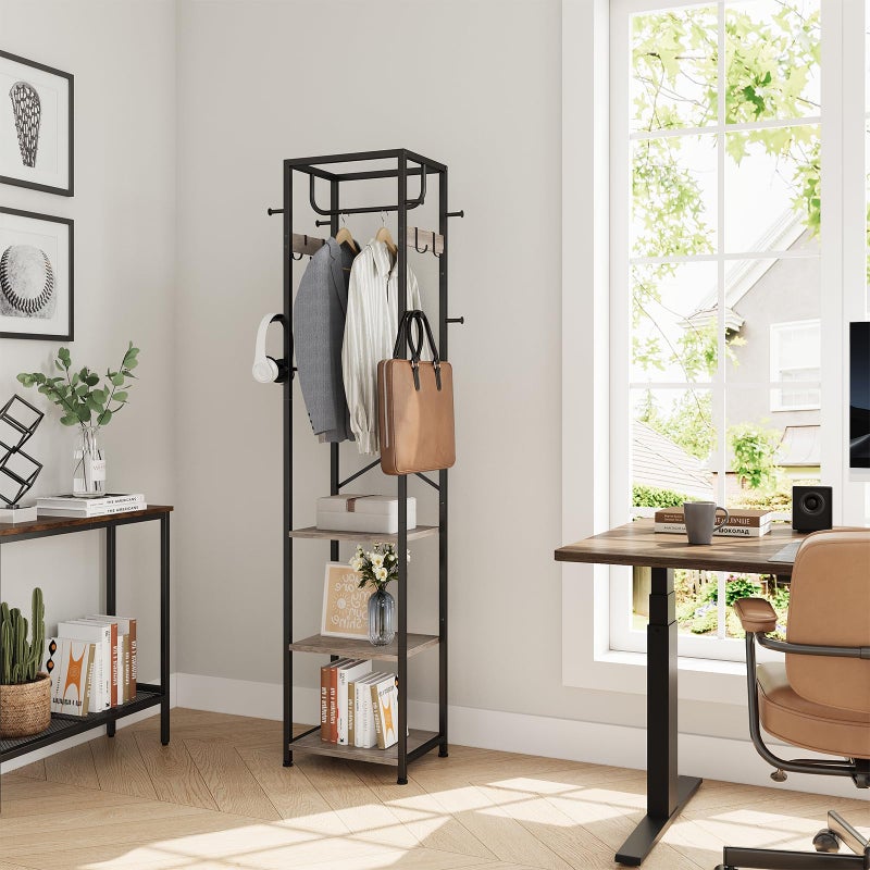 ELYKEN Coat Rack Freestanding, Hall Tree with 3 Storage Shelves and 12 Hooks, Industrial Clothes Rack Stand Organizer for Bedroom, Hallway, Entryway, Office, Living Room, Greige - Image 4