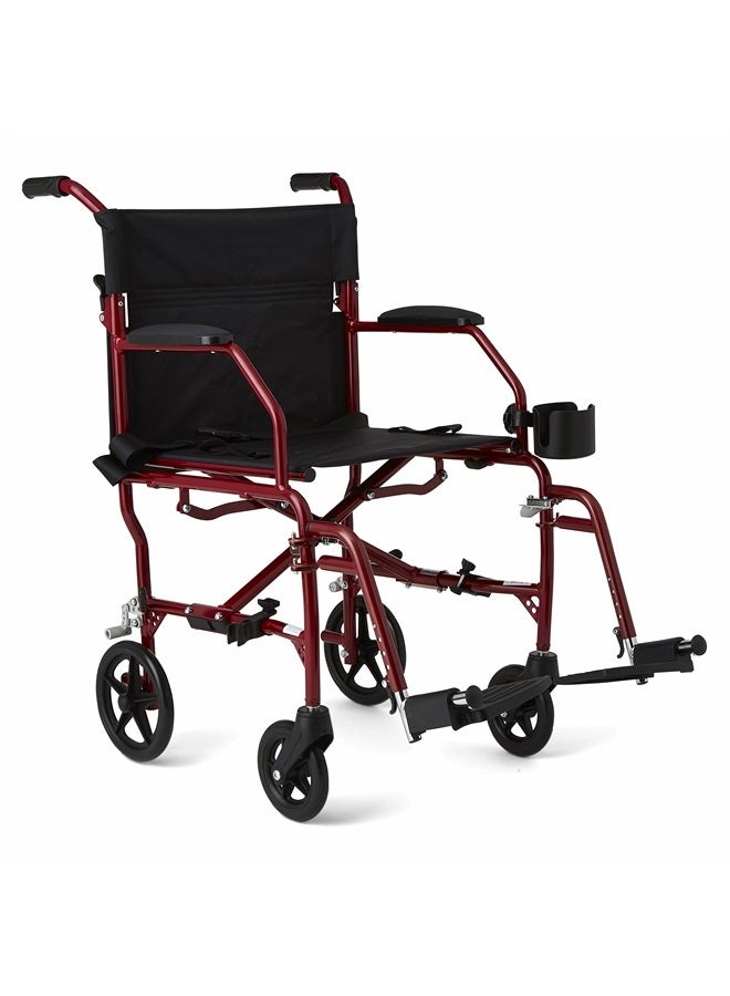 Medline Ultra Lightweight Transport Wheelchair for Adults, Foldable, 19-Inch Seat Width, Red Frame, Black Upholstery - Image 1