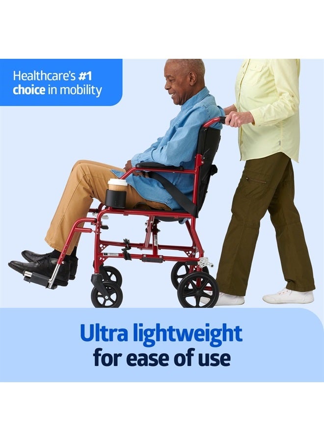 Medline Ultra Lightweight Transport Wheelchair for Adults, Foldable, 19-Inch Seat Width, Red Frame, Black Upholstery - Image 2