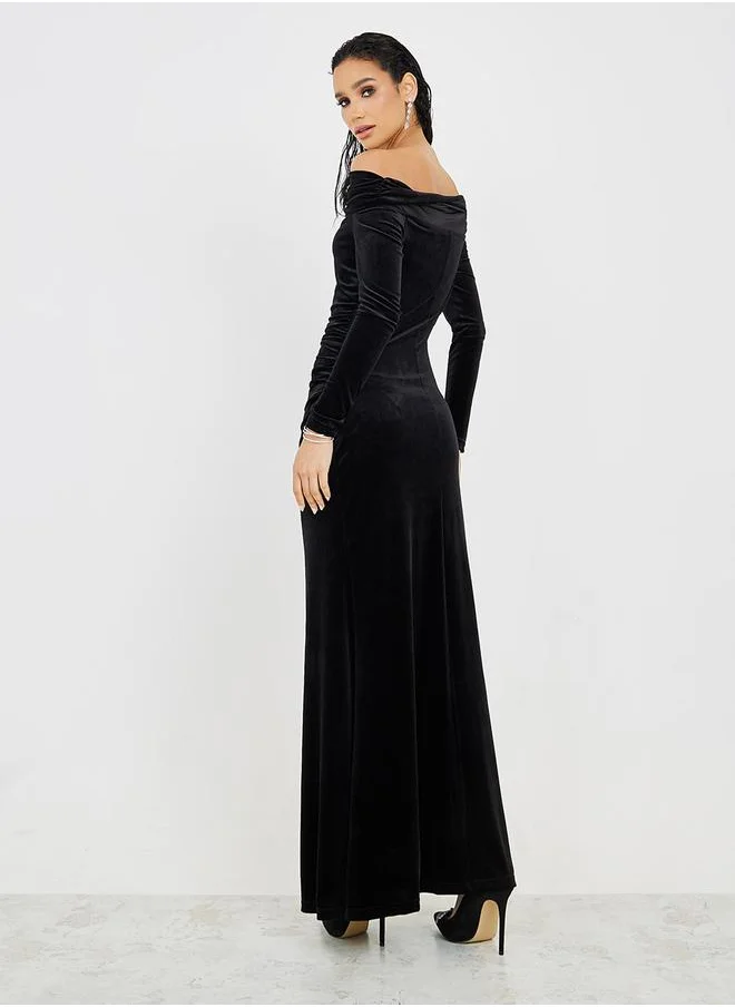 Styli Velvet Look Off Shoulder Sheath Maxi Dress