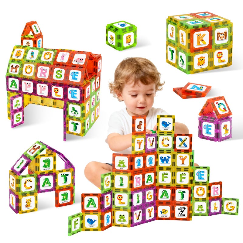 Windidi Magnetic Tiles Letters Learning Toys Animals Alphabet ABC Magnets for Kids 13 24 35 Toddlers Classroom Must Haves Construction Stacking Toys Teacher Educational Supplies for Preschool Spelling - Image 3
