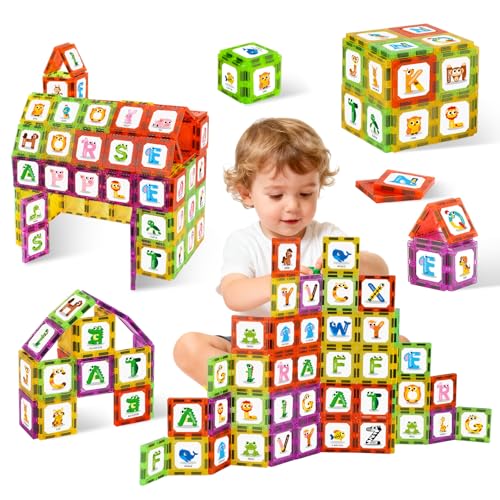 Windidi Magnetic Tiles Letters Learning Toys Animals Alphabet ABC Magnets for Kids 13 24 35 Toddlers Classroom Must Haves Construction Stacking Toys Teacher Educational Supplies for Preschool Spelling - Image 1