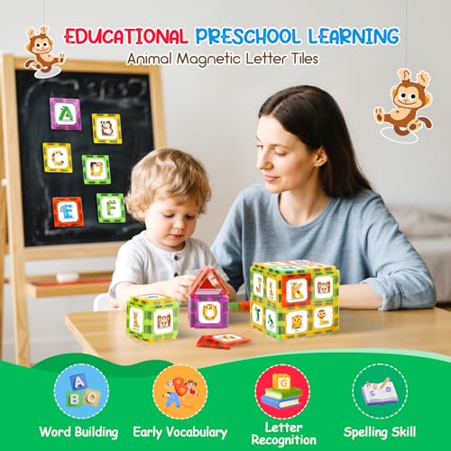 Windidi Magnetic Tiles Letters Learning Toys Animals Alphabet ABC Magnets for Kids 13 24 35 Toddlers Classroom Must Haves Construction Stacking Toys Teacher Educational Supplies for Preschool Spelling - Image 5
