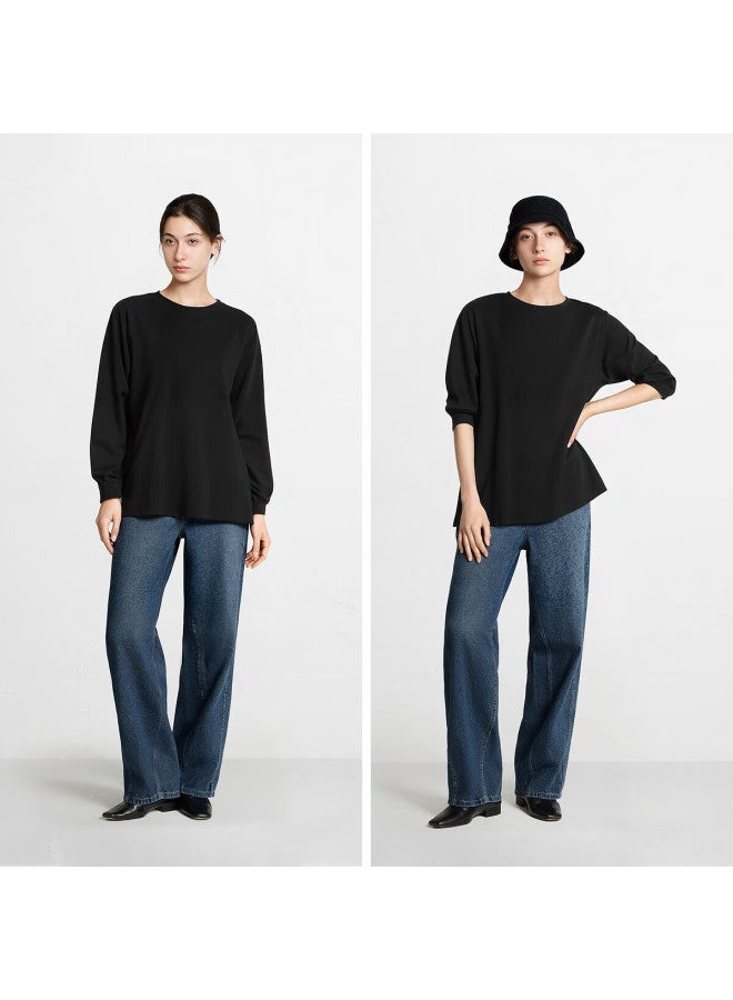 Semir Women's Long Sleeve T-shirt Loose Fit Thermal Solid Color Drop Shoulder Sleeve Winter Fleece Split Hem 109725101002 - Image 2