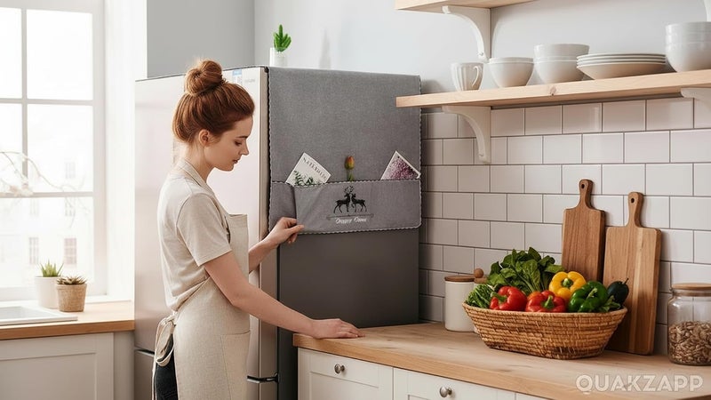 Quakzapp غطاء ثلاجة مقاوم للماء غطاء غبار ثلاجة متعدد الوظائف مع حقيبة تخزين منظمة إكسسوارات ثلاجة المطبخ (قطن) (170 × 60 سم) (رمادي غزال) - Image 3