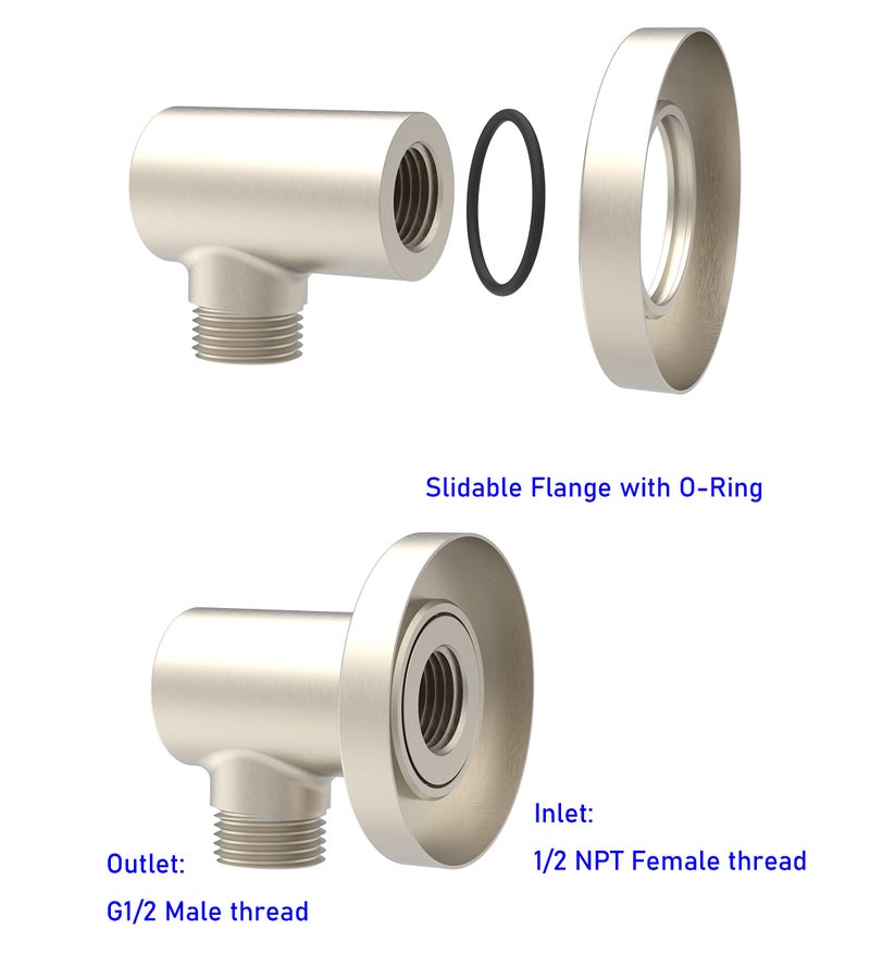 Aquaiaw Wall Supply Elbow with O-Ring Flange, Tapered 1/2 NPT Female Inlet, Solid Brass Wall Union, Round Water Supply Elbow, PVD Brushed Nickel, G1/2 Outlet - Image 4