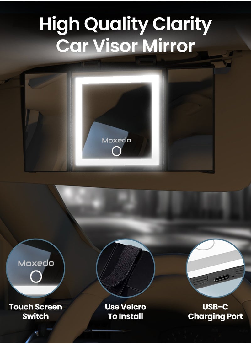 Moxedo - Moxedo Car Visor Mirror Rechargeable and Foldable Vanity Makeup Mirror with 3 Lightning, Brightness Modes and Dimmable Touch Screen Universal for Car Truck SUV Rearview - Image 1
