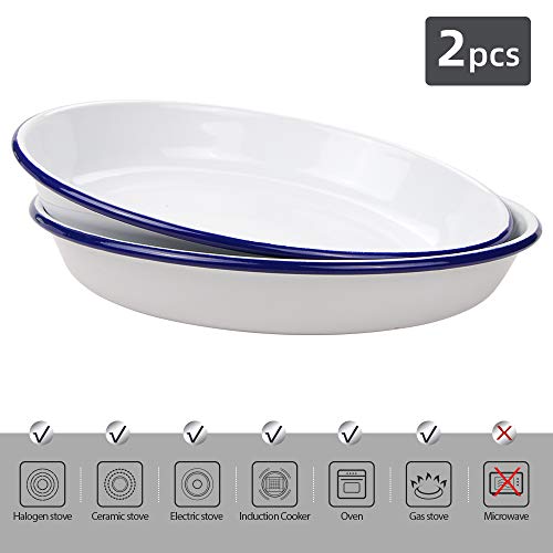 Webake 9.5 Inch Enamel Plates, 2 Pack Salad Pasta Bowls Enamelware Dinner Plates White Body with Blue Rim, Serving Trays for Dinner, Outdoor, Picnic, BBQ, Butter - Image 5