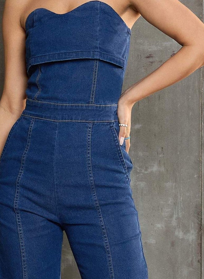 ساسافراس جمبسوت نسائي بكتف مكشوف لون أزرق داكن - Image 2