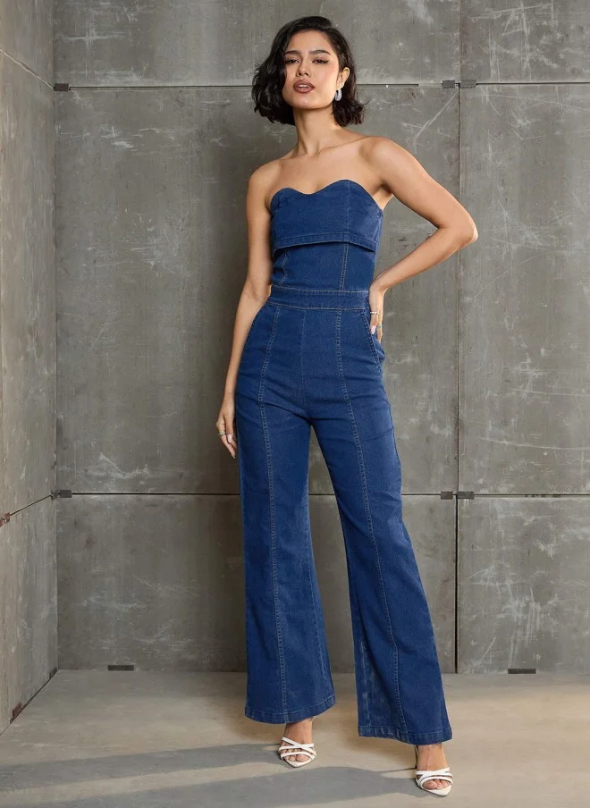 SASSAFRAS Navy Blue Off-Shoulder Jumpsuit for Women
