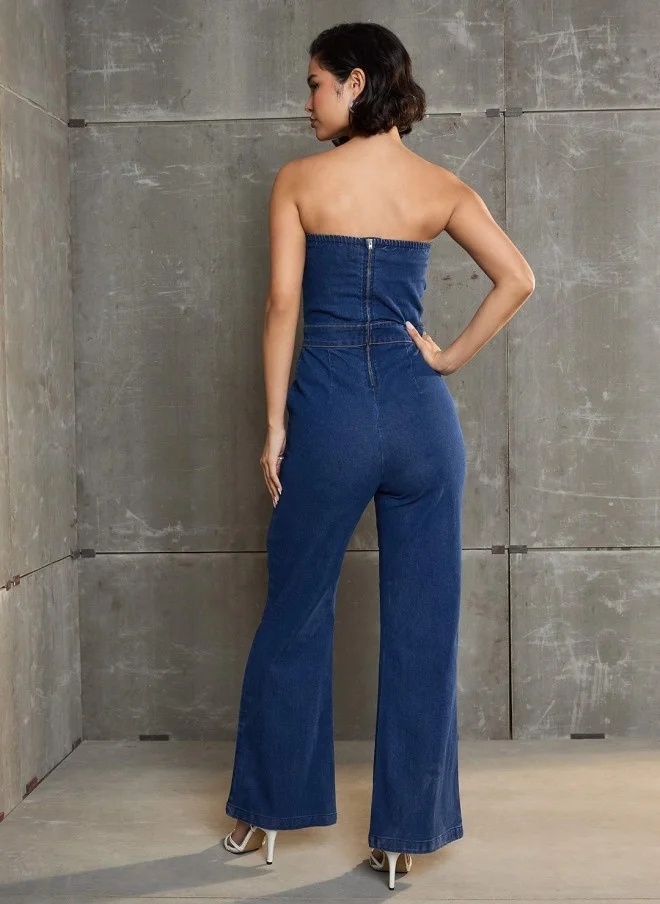 SASSAFRAS Navy Blue Off-Shoulder Jumpsuit for Women