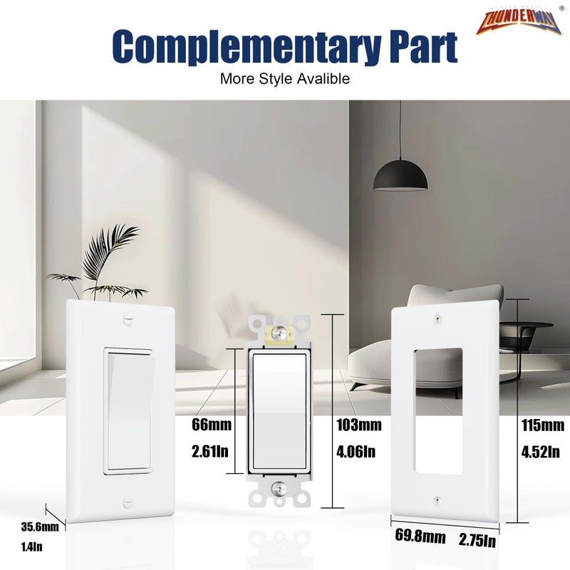 Thunderway Single Pole Decorator Wall Light Switch With Wall Plate  15A 120V/277V  On/Off Paddle Switch  Residential Grade - Ul Listed  White (10) - Image 4