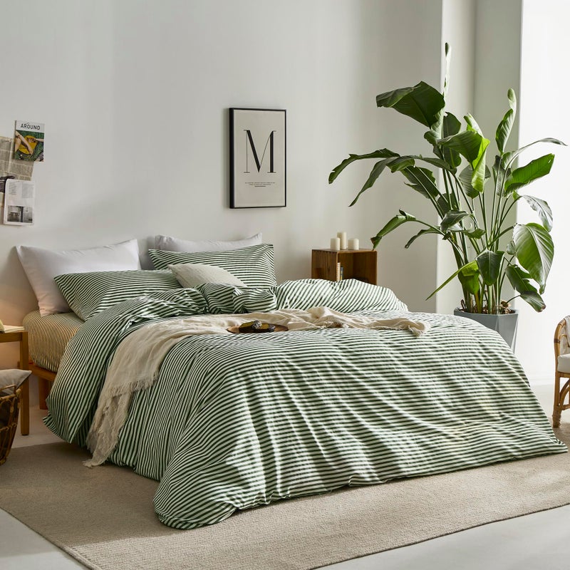 JELLYMONI 100% Natural Cotton 3pcs Striped Duvet Cover Sets,White Duvet Cover with Green Stripes Pattern Printed Comforter Cover,with Zipper Closure & Corner Ties(King Size) - Image 2