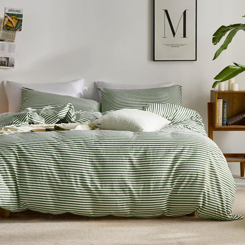 JELLYMONI 100% Natural Cotton 3pcs Striped Duvet Cover Sets,White Duvet Cover with Green Stripes Pattern Printed Comforter Cover,with Zipper Closure & Corner Ties(King Size) - Image 1