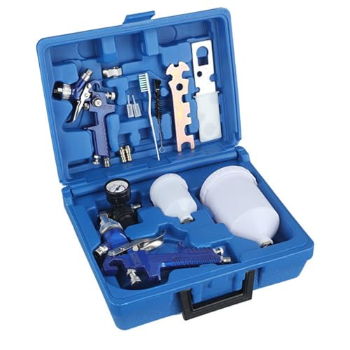 LSLANSOON HVLP Gravity Feed Paint Sprayer Tool Kit, Includes 1 x 0.8mm & 1 x 1.4mm Nozzle Spray Guns, Pneumatic Auto Paint Tool Set with Locking Air Pressure Regulator Gauge, Wrench, Brush - Image 1