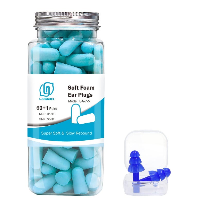 LYSIAN Ultra Soft Foam Earplugs Sleep Noise Cancelling Ear Plugs for Sleeping ShootingTravel and Work38dB SNR 31dB NRR Sound Blocking60 Pairs Pack Lake Blue
