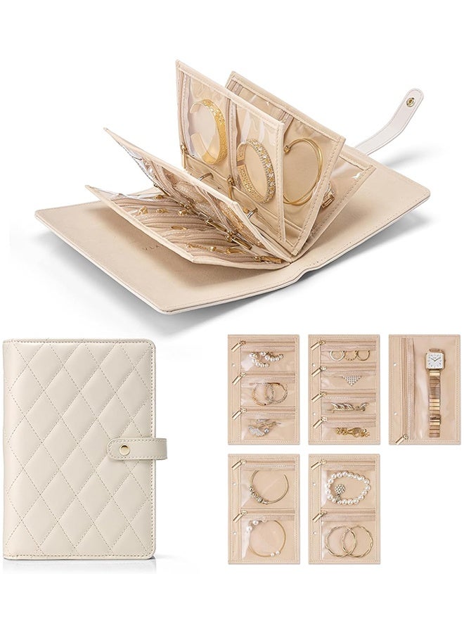 Wffo Travel Jewelry Organizer Case - Jewelry Storage Book Ring Binder with Clear Zipper Velvet Pouch Bag for Travel Essentials, Rings, Necklace, Earrings, Bracelets, Brooches, Gifts for Women - Cream White - Image 1