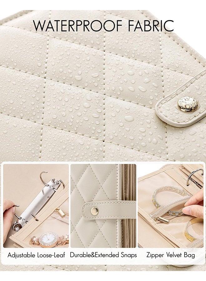 Wffo Travel Jewelry Organizer Case - Jewelry Storage Book Ring Binder with Clear Zipper Velvet Pouch Bag for Travel Essentials, Rings, Necklace, Earrings, Bracelets, Brooches, Gifts for Women - Cream White - Image 4