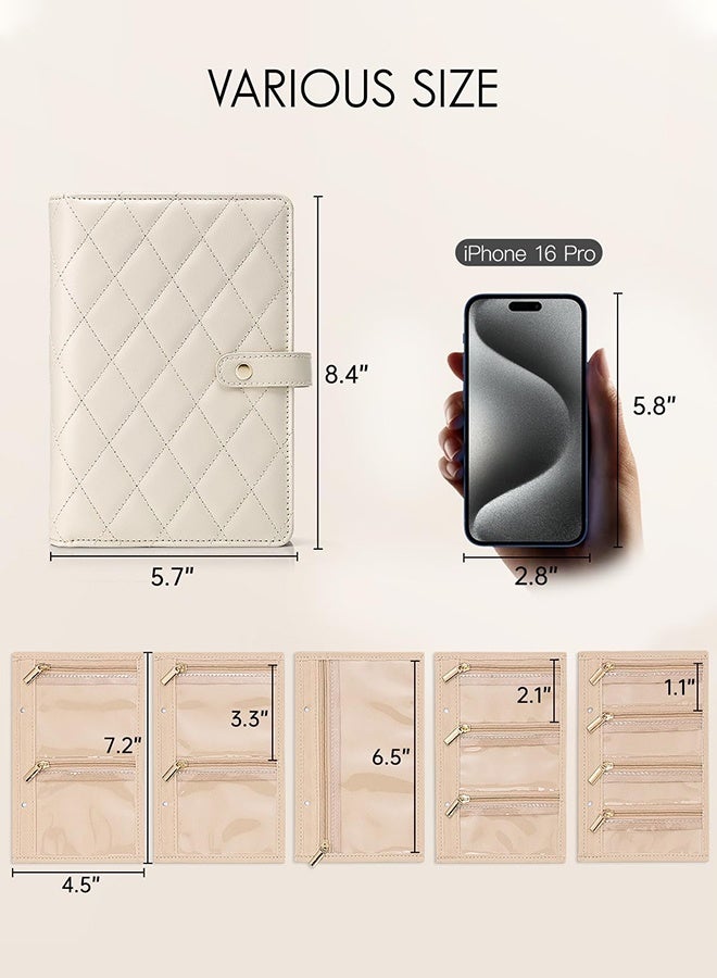 Wffo Travel Jewelry Organizer Case - Jewelry Storage Book Ring Binder with Clear Zipper Velvet Pouch Bag for Travel Essentials, Rings, Necklace, Earrings, Bracelets, Brooches, Gifts for Women - Cream White - Image 2