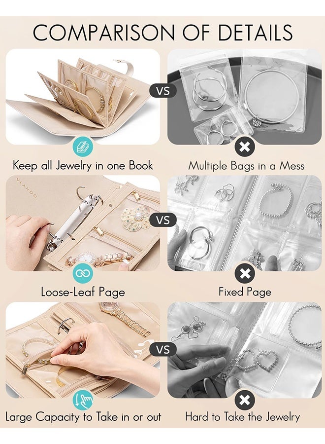 Wffo Travel Jewelry Organizer Case - Jewelry Storage Book Ring Binder with Clear Zipper Velvet Pouch Bag for Travel Essentials, Rings, Necklace, Earrings, Bracelets, Brooches, Gifts for Women - Cream White - Image 3