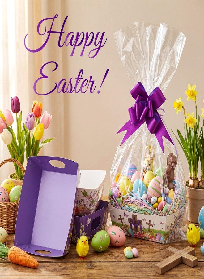 Cholemy 72 Pcs Easter Gift Baskets Empty to Fill Kit DIY Basket for Gifts Empty Bulk Include 24 Plaid Market Tray Favor with Handles 24 Clear Basket Bags 24 Bows (Purple, Easter) - Image 4