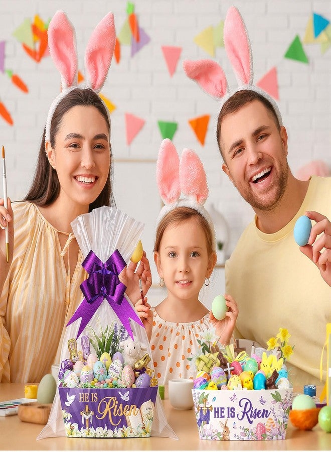 Cholemy 72 Pcs Easter Gift Baskets Empty to Fill Kit DIY Basket for Gifts Empty Bulk Include 24 Plaid Market Tray Favor with Handles 24 Clear Basket Bags 24 Bows (Purple, Easter) - Image 5