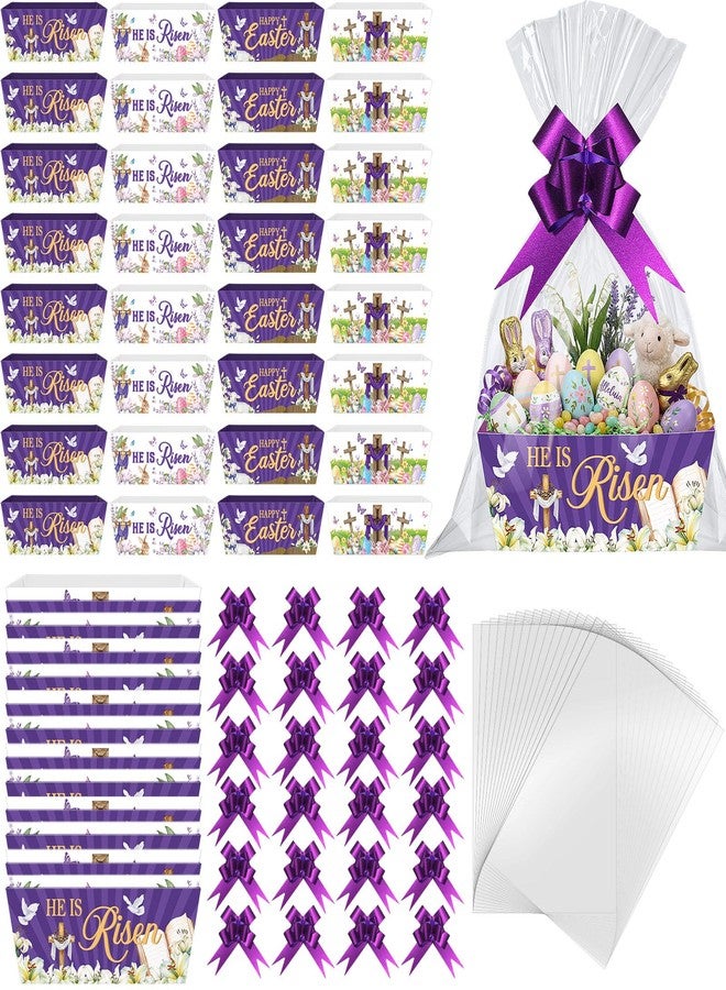 Cholemy 72 Pcs Easter Gift Baskets Empty to Fill Kit DIY Basket for Gifts Empty Bulk Include 24 Plaid Market Tray Favor with Handles 24 Clear Basket Bags 24 Bows (Purple, Easter) - Image 1