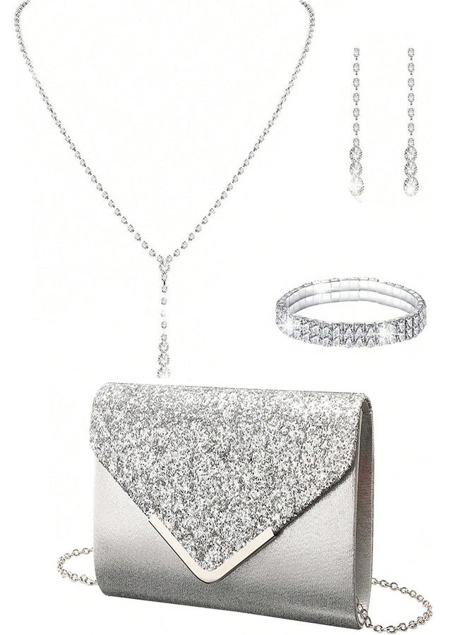 LETODE 4Pcs Evening Clutch Bag Jewelry Set For Women Rhinestone Shiny Evening Purse Handbag Clutches Purses For Wedding Party-Silver - Image 3