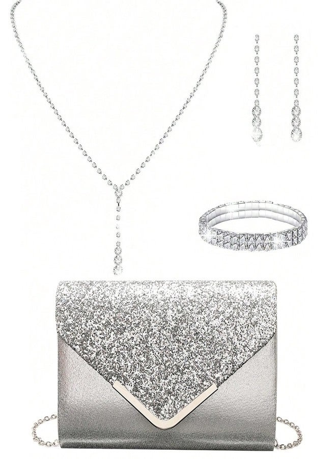 LETODE 4Pcs Evening Clutch Bag Jewelry Set For Women Rhinestone Shiny Evening Purse Handbag Clutches Purses For Wedding Party-Silver - Image 1