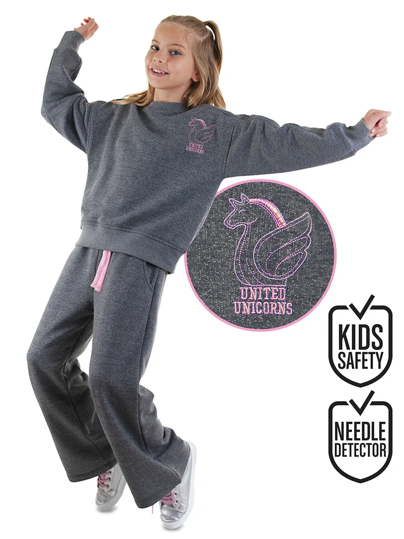 دينوكيدس بدلة رياضية للبنات بتصميم وحيد القرن باللون الرمادي