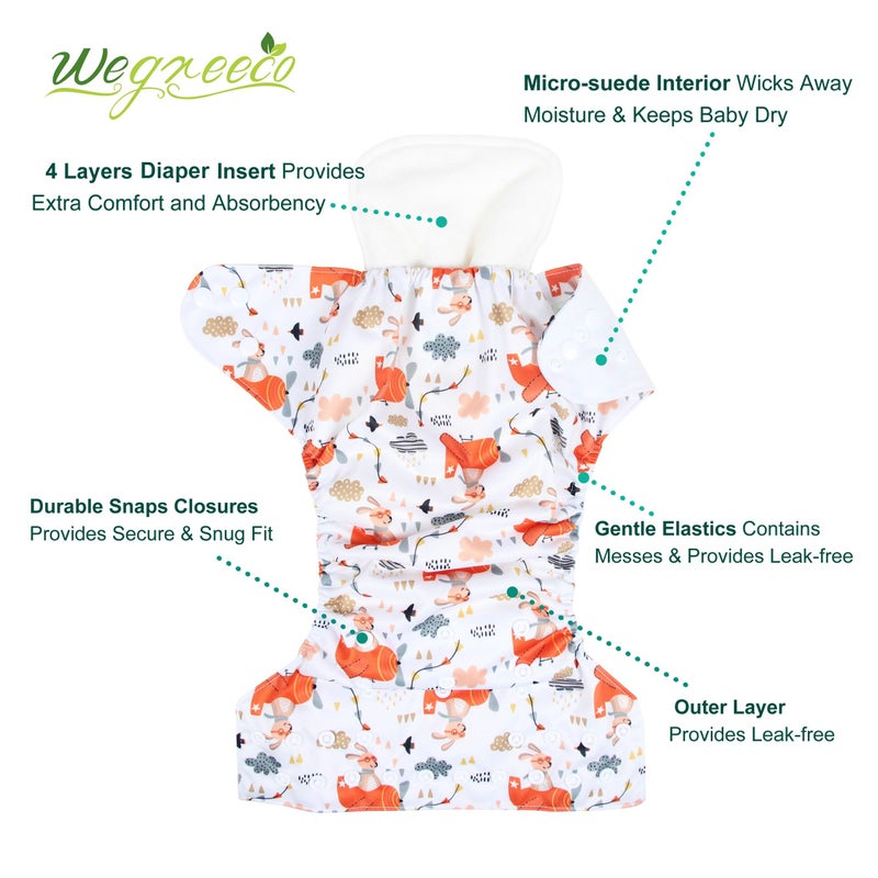 wegreeco Cloth Diapers 6 Pack with 6 Inserts & 1 Wet Bag, Washable Cloth Diapers for Babies, One Size Adjustable Reusable (Bright Animals) - Image 2
