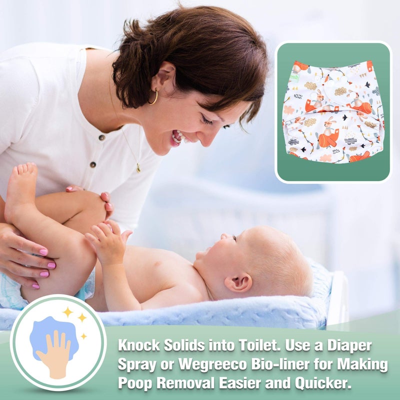 wegreeco Cloth Diapers 6 Pack with 6 Inserts & 1 Wet Bag, Washable Cloth Diapers for Babies, One Size Adjustable Reusable (Bright Animals) - Image 5