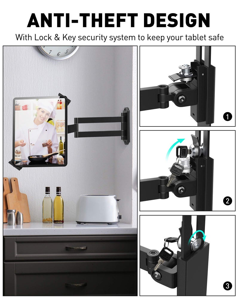 AboveTEK Tablet Wall Mount - 360Â° Rotation Tablet Holder Stand with Extension Arm, Anti-Theft Kitchen Mount Fits 7"-11" Tablets Including iPad Pro/Air/Mini, Galaxy Tab - Security Lock & Key - (Black) - Image 3