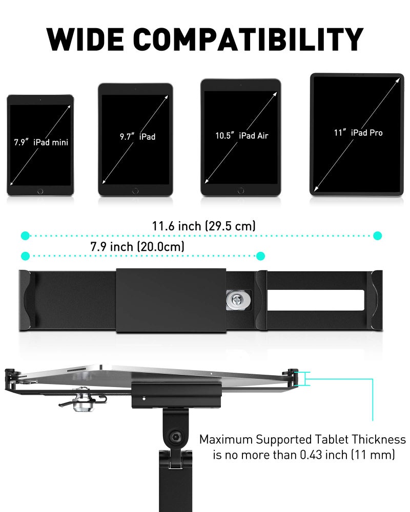 AboveTEK Tablet Wall Mount - 360Â° Rotation Tablet Holder Stand with Extension Arm, Anti-Theft Kitchen Mount Fits 7"-11" Tablets Including iPad Pro/Air/Mini, Galaxy Tab - Security Lock & Key - (Black) - Image 4