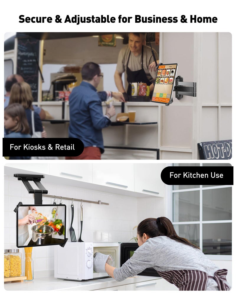AboveTEK Tablet Wall Mount - 360Â° Rotation Tablet Holder Stand with Extension Arm, Anti-Theft Kitchen Mount Fits 7"-11" Tablets Including iPad Pro/Air/Mini, Galaxy Tab - Security Lock & Key - (Black) - Image 2