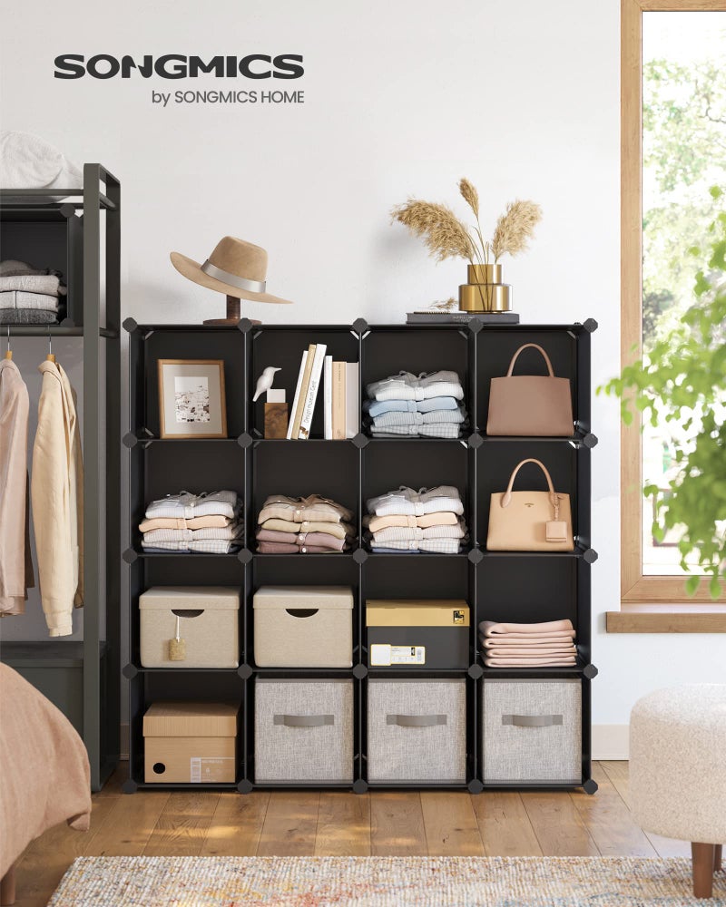 SONGMICS Cube Storage Organizer Set of 16 Plastic Cubes Closet Organizers and Storage Room Organization Bedroom Living Room 122 x 484 x 484 Inches Black ULPC44BK - Image 2