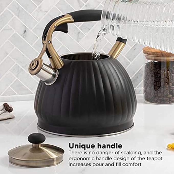 GUPE Whistling Tea Kettle Stainless Steel Stovetop Teapot With Cool Ergonomic Touch Handle 35L Whistle Kettle For Electric Gas Induction Radiation StoveFor Boiling Water Black - Image 3