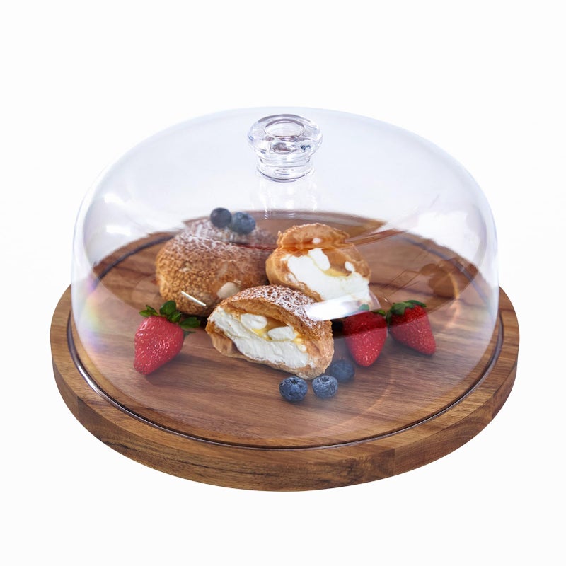Cake Stand with Lid Acacia Wood 12in Round Cake Holder 2in1 Dessert Table Display Set  Charcuterie Board for Cheese Chips  Dips Nachos Fruit Platter Large Acrylic Cake Dome Cover