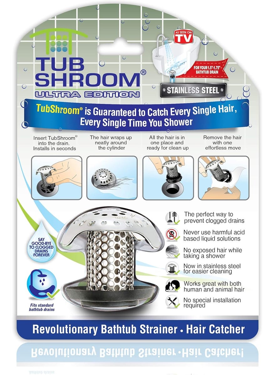 TubShroom TubShroom Ultra Revolutionary Bath Tub Drain Protector Hair CatcherStrainerSnare Stainless Steel 1Pack Silver  - Image 1