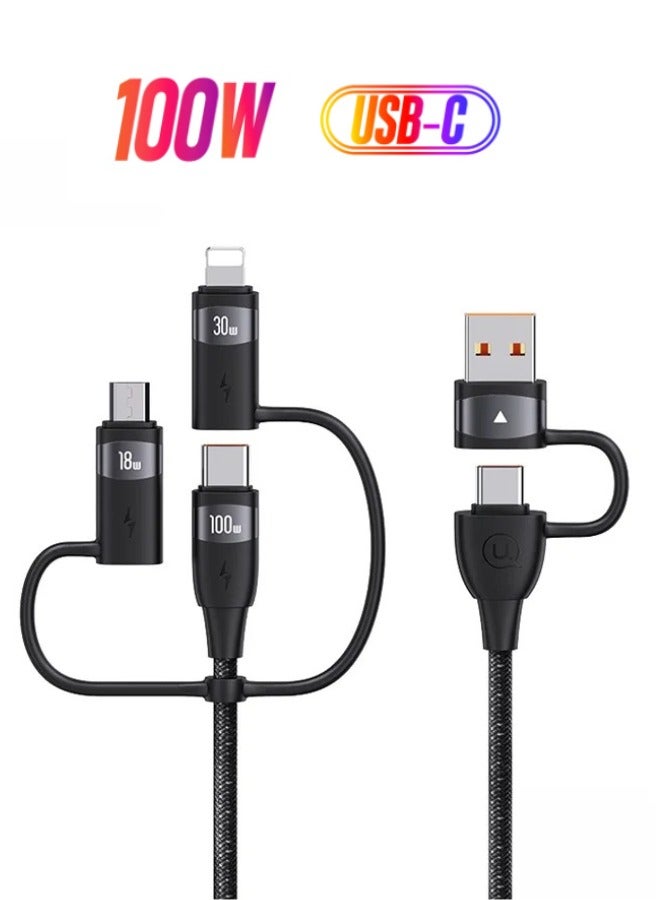 Usams 6 in 1 PD 100W Fast Charging Cable USB-A to Type-C to Type-C+8Pin+Micr 1.2m Data Cord - Black - Image 1