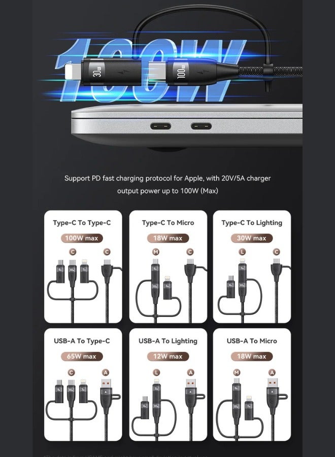 Usams 6 in 1 PD 100W Fast Charging Cable USB-A to Type-C to Type-C+8Pin+Micr 1.2m Data Cord - Black - Image 3