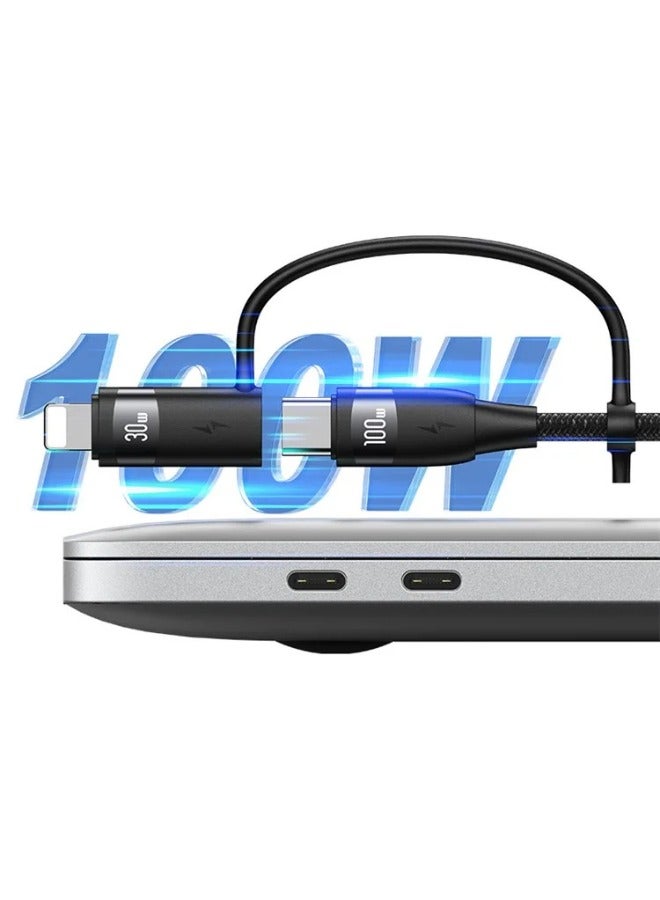 Usams 6 in 1 PD 100W Fast Charging Cable USB-A to Type-C to Type-C+8Pin+Micr 1.2m Data Cord - Black - Image 4