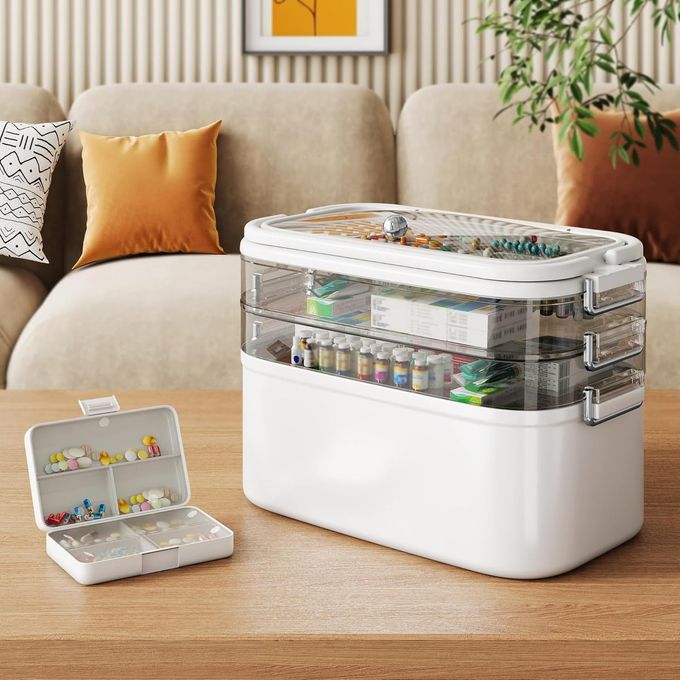 NiHome Home & Travel 4-Tier Medicine Storage Box with Portable Pill Case, Durable Adjustable Compartments, Moisture-Resistant Lid, Secure Handles for Pill Organization, Vitamins, Supplements (White) - Image 5